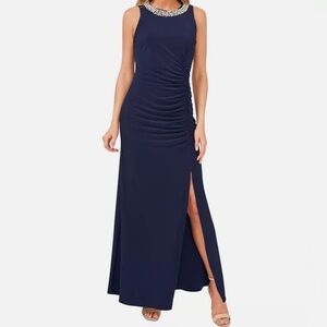 MSK Pearl Beaded Neck Size 10 Navy Blue Front Slit Full Length Gown Dress